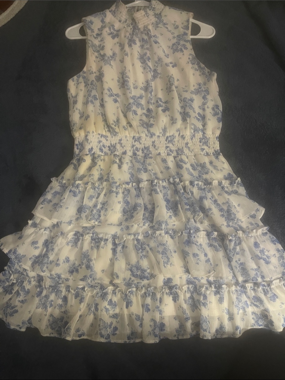 1. State White and Blue Floral Ruffle Tiered Dress